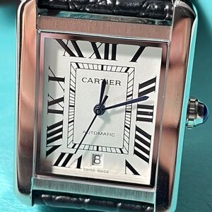 Cartier Tank Solo XL Automatic Date Silver Dial Roman Numerals Leather Strap